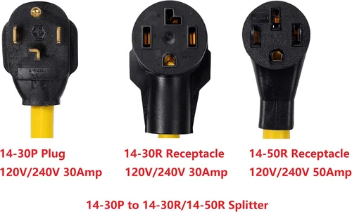 Miniatura 2 de ONETAK NEMA 14-30P a 2 salidas 14-30R 14-50R Y Splitter 3 pies 120V/240V 30 Amp STW 10 AWG 4 clavijas macho enchufe a toma hembra Receptáculo