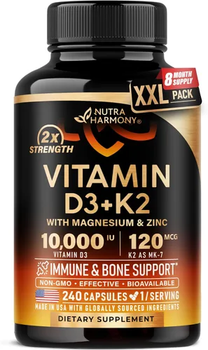 Miniatura 10 de Vitamina D3 K2 – Vitamina D3 10000 iu y K2 como MK-7 120 mcg – Apoyo inmunológico y del estado de ánimo, para la salud de huesos y dientes