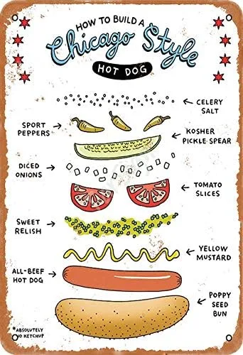 Cómo construir un logotipo de signo de estaño vintage estilo Chicago Hot Dog 12 8 pulgadas Publicidad llamativa decoración de pared