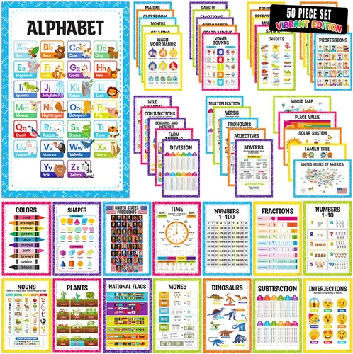 Decorably 50 pósteres educativos vibrantes para niños pequeños de 1 a 3 años, 11 x 17 pulgadas, decoración de aula laminada mate, para pasillos
