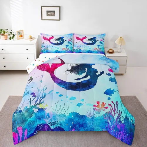 Miniatura 25 de Erosebridal Juego de edredón de sirena para niños, tamaño matrimonial, para niñas, ropa de cama de sirena brillante azul y rosa, juego de ropa