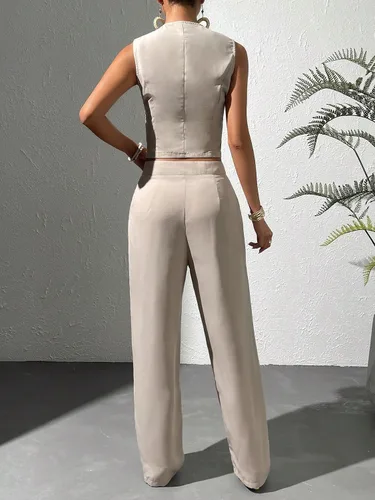 Miniatura 2 de WDIRARA Conjunto de 2 piezas para mujer, chaleco con botones frontales, sin mangas, cuello en V, chaqueta y pantalones