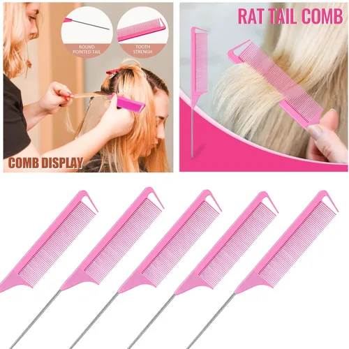 Miniatura 7 de El juego de 25 peines para peinar el cabello incluye 10 herramientas Topsy para cola de cabello, 5 peines de cola de rata, 5 cepillos de pelo