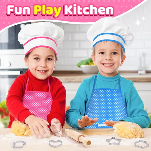 Miniatura 6 de Toyze Regalos para niñas de 3 a 8 años, juego de cocina para niños con delantal, sombrero de chef, libro de cocina, 20 unidades, color rosa