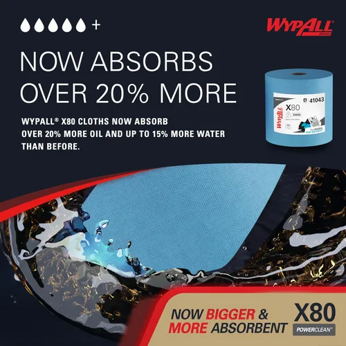 Miniatura 4 de WypAll PowerClean X80 Paños de Limpieza de Uso Pesado (41043), Jumbo, Toallas de Uso Extendido, Azul (1 Rollo de 455 Hojas, Total de 455 Hojas)
