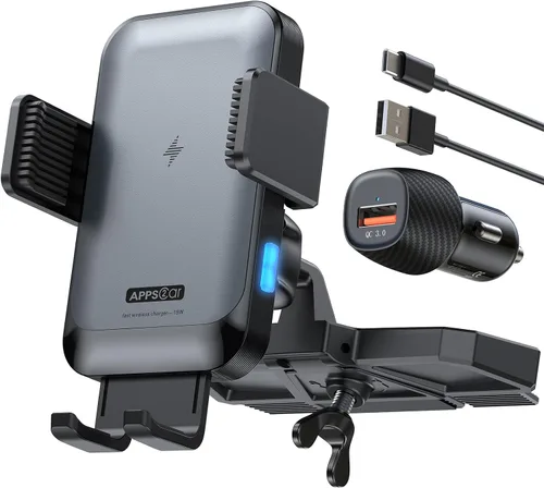 Miniatura 7 de APPS2Car Soporte de cargador inalámbrico para automóvil, ranura para CD, sujeción automática de 15 W, soporte de teléfono de CD de carga rápida