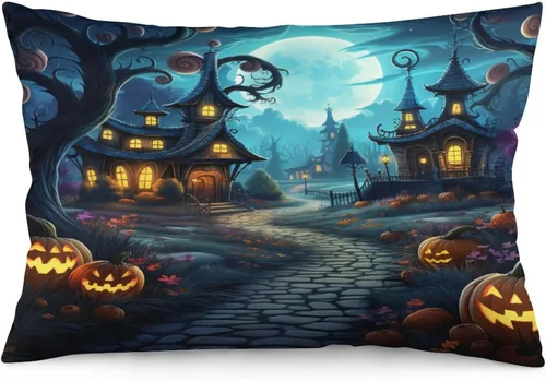 Miniatura 15 de Fundas de almohada frescas de casa embrujada, castillo, luna, bosque medieval, calabaza, fundas de almohada rectangulares con cremallera invisible