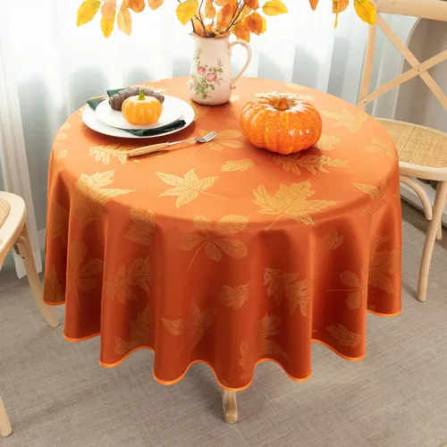 MikiUp Mantel de Acción de Gracias de Jacquard de Otoño - Tela Redonda de Hojas de Arce Metálica y Brillante, Mantel Decorativo para Vacaciones,