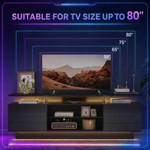 Miniatura 8 de Soporte de TV de alto brillo de 70 pulgadas con 2 armarios laterales, consola de TV moderna y elegante con luces LED de 3 capas, consola multimedia