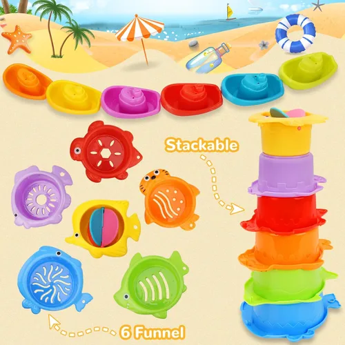Miniatura 2 de Juguetes de baño para niños de 1 a 3 años, juguetes de baño para niños con botes flotantes, cuchara de baño, 13 juguetes de bañera para bebés, mesa