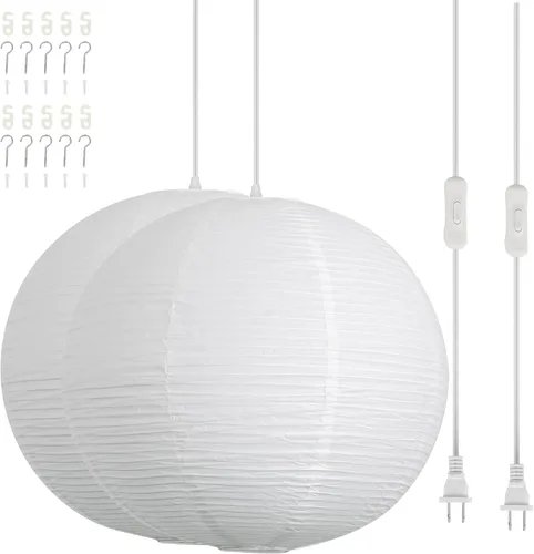 Miniatura 13 de Lámpara colgante de papel con enchufe, lámpara colgante de papel de arroz blanco roto de 20 pulgadas con cable de 19.7 pies de globo grande japonés