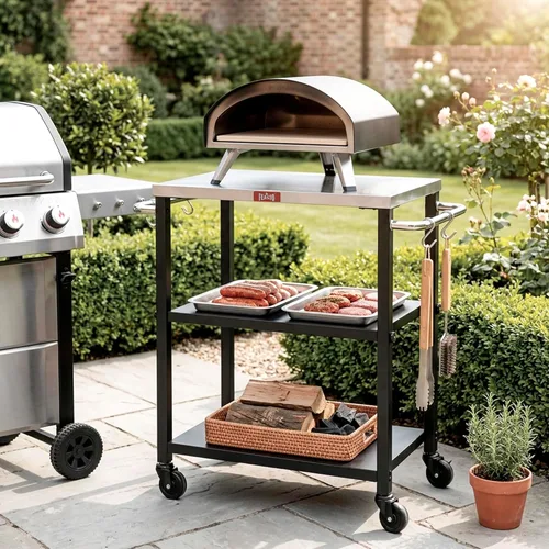 Miniatura 8 de Feasto Mesa de parrilla de 3 estantes, soporte para horno de pizza con estante, carrito de parrilla para horno de pizza móvil, parrilla
