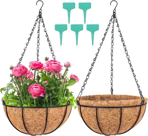 Miniatura 9 de Wizdar 2 macetas colgantes de metal con forro de fibra de coco de 12 pulgadas, soporte redondo de alambre para plantas, decoración de porche, maceta