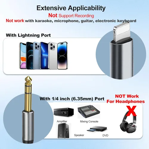 Miniatura 3 de [Certificado MFi] Cable estéreo TRS de audio Lightning a 1/4 de pulgada, adaptador Lightning de 4 pies a 0.250 in, compatible con i-Pad, i-Phone