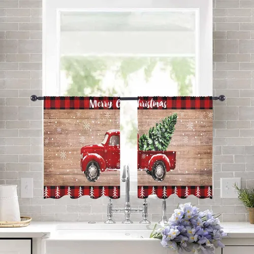 Miniatura 2 de Cortinas traslúcidas para camión rojo de Navidad de 45 pulgadas de largo, juego de 2 paneles de tablero de madera retro rústico con cuadros