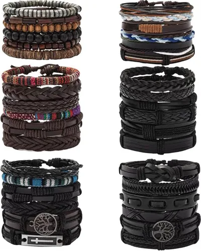 MOZAKA 36 pulseras de cuero trenzado para hombres y mujeres, hechas a mano, pulseras de cuentas de madera, pulseras étnicas tribales vintage, juego