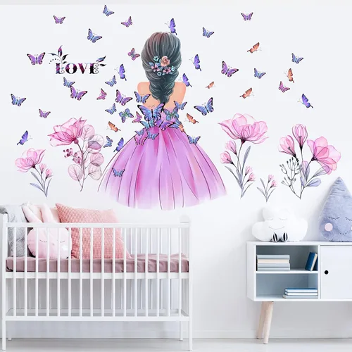 Miniatura 4 de Pegatinas de pared de mariposa para niña, calcomanía de pared de hada de flores, papel tapiz floral rosa, mariposas coloridas, bricolaje, arte