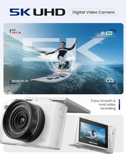 Miniatura 2 de Cámara Digital 5K para Fotografía - Cámara de Vlogging de 75MP con Enfoque Automático con Tarjeta SD de 64GB, WiFi, Zoom 18X, Pantalla Abatible