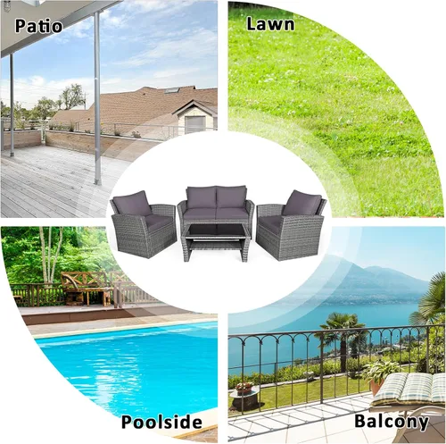 Miniatura 8 de Tangkula - Juego de muebles de patio de 4 piezas, conjunto de sofá seccional para todo clima de ratán para exteriores con cojines y mesa de cristal
