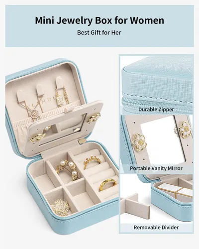 Miniatura 2 de Vlando Pequeño organizador de joyas de viaje, vitrina para niñas, mujeres, regalo anillos, aretes, collares, almacenamiento con espejo azul