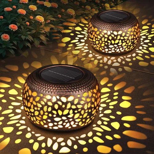 Miniatura 10 de Farol solar para decoración de patio al aire libre: faroles solares para exteriores, impermeables, ahuecados, retro, metal, alimentados por energía