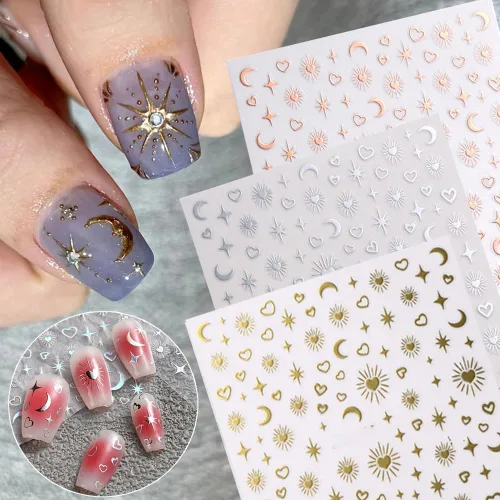 Miniatura 4 de 12pcs Aurora Plata Estrella Luna Nail Art Pegatinas 3D para las Mujeres Oro Rosa Sol Corazón Calcomanías de Diseño Láser Suministros