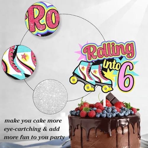 Miniatura 3 de Decoraciones retro para tartas de patinaje sobre ruedas para cumpleaños de 7 años, decoraciones enrollables, fiesta de cumpleaños de niños y niñas