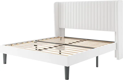 Miniatura 9 de SHA CERLIN Marco de cama de terciopelo tamaño completo con cabecera de respaldo alto con capitoné de canales verticales, cama de plataforma tapizada