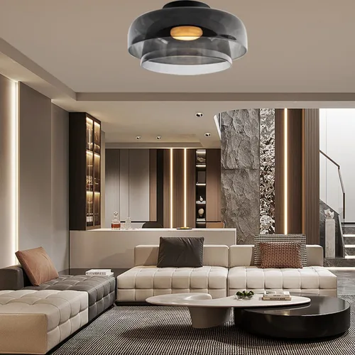 Miniatura 3 de Jowjut Luces de Techo de Montaje al Ras 1-Luz Cristal Gris Luces de Montaje al Ras 2-Capas Pantalla Mediados del Siglo Isla de Cocina Lámparas