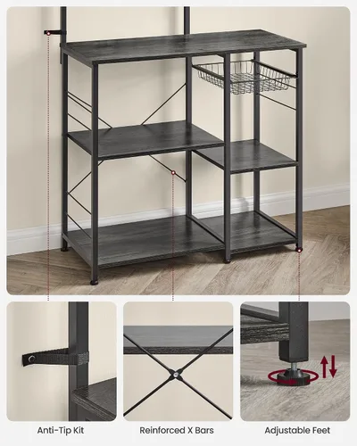 Miniatura 6 de VASAGLE Estante para panadero, soporte para microondas, estante de almacenamiento de cocina con cesta de alambre, 6 ganchos y estantes