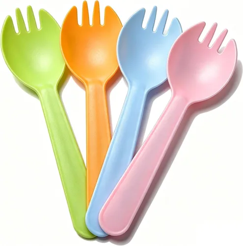 Mini tenedores desechables de 4.3 pulgadas, 100 unidades, utensilios de plástico 2 en 1, 4 colores, paquete individual de 25 unidades por color,