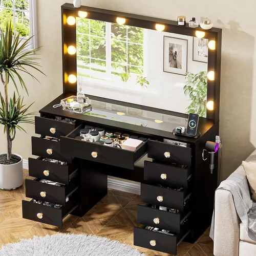 Miniatura 12 de DINGIPP Escritorio de tocador con espejo iluminado, mesa de tocador de maquillaje con toma de corriente, 9 cajones y manijas de cristal, escritorio