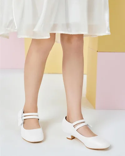Miniatura 2 de Coutgo Zapatos de vestir Mary Jane para niñas, zapatos planos de tacón bajo con lazo y velcro para fiestas y escuelas para niños pequeños y grandes
