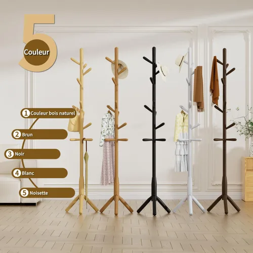 Miniatura 7 de Perchero de madera maciza, perchero independiente en forma de árbol con 11 ganchos, poste principal de 1.6 pulgadas de diámetro para ropa, soporte