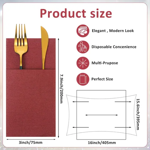 Miniatura 2 de Cindeer 75 piezas de servilletas de lino burdeos para cena con bolsillo plano incorporado, preplegadas, servilletas de papel desechables airlaid