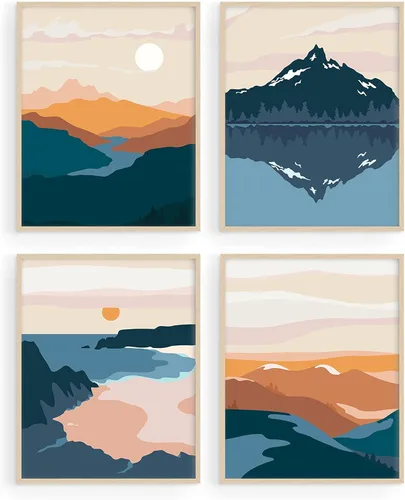 Miniatura 9 de HAUS AND HUES Arte de pared de montaña – Juego de 4 decoración de paisaje moderno de mediados de siglo, naturaleza y arte moderno Marco beige de 8