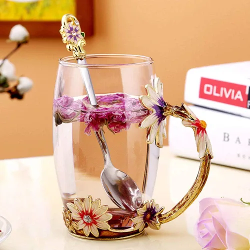 Miniatura 2 de Taza de té de flores de margarita, tazas de café esmaltadas de vidrio hechas a mano con cuchara delicada, regalo de cumpleaños para esposa, madre