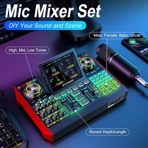 Miniatura 2 de Conjunto de micrófono de podcast con tarjeta de sonido en vivo y mezclador de audio, equipo de podcast con micrófono BM800 de 3.5mm para PC/YouTube