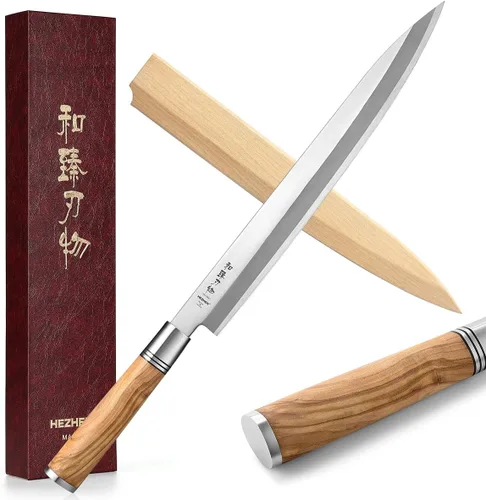 HEZHEN Cuchillo Sashimi de 11.811 in, cuchillo de yanagiba de acero forjado, rebanado de sushi, estuche de cuchillo de mango de madera
