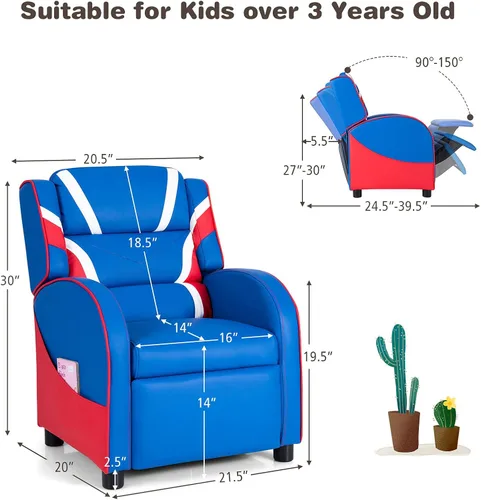 Miniatura 3 de HONEY JOY Silla reclinable para niños, silla reclinable para juegos juveniles con bolsillo lateral, reposacabezas y reposapiés ergonómicos, silla