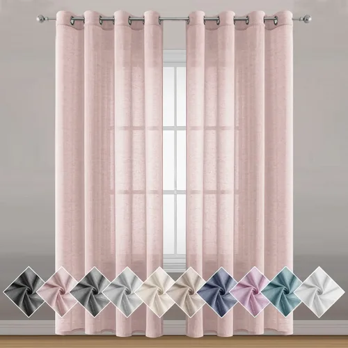 Miss SELETEX - Cortinas traslúcidas de lino natural rosa rubor para sala de estar, elegantes cortinas para ventana lisas con ojales filtrantes de