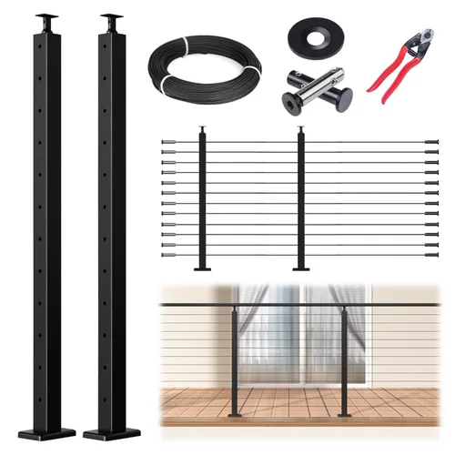 Miniatura 10 de Muzata Paquete de 4 postes de barandilla de cable negro de 42 pulgadas, 42 x 2 x 2 pulgadas, montaje en superficie perforada de nivel T304, kit