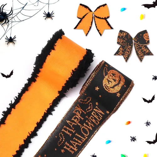 Miniatura 5 de Hying Cintas de araña de Halloween – Cintas de arpillera de arpillera púrpura y naranja para lazos de corona, envoltura de regalos y decoraciones
