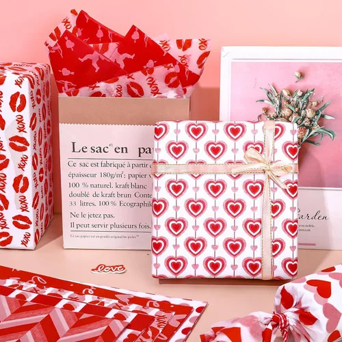 Miniatura 5 de JarThenaAMCS 100 hojas de papel de seda para el día de San Valentín, a granel, 10 diseños de corazón rojo de amor, cupido, lunares, hojas de papel