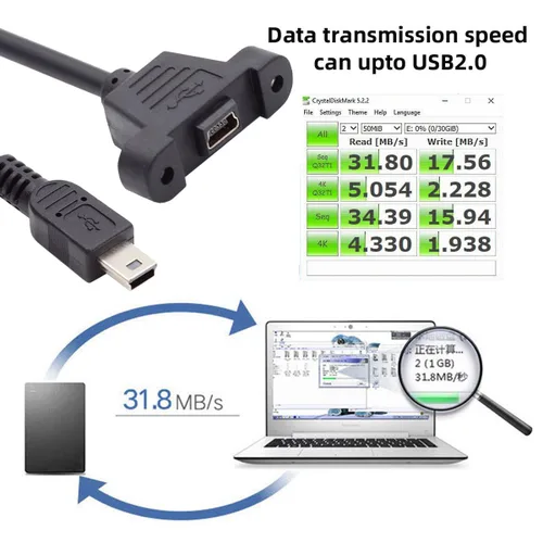 Miniatura 2 de cablecc Tipo de montaje en panel Mini USB2.0 5Pin macho a hembra Cable adaptador de extensión con tornillos 19.7 in