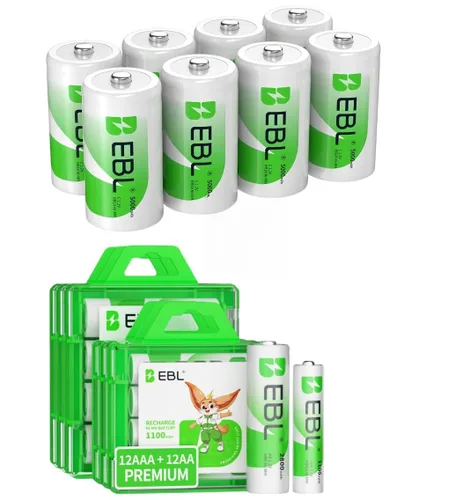 EBL Baterías C recargables de 5000 mAh Ni-MH de tamaño C con 24 juegos de pilas AA AAA Combo con 12 pilas AA 2800mAh y 12 unidades AAA 1100mAh 1.2V