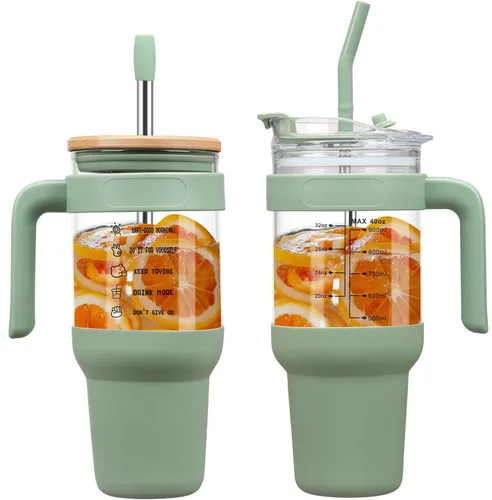 Chunmo - Vaso de vidrio de 40 onzas con 2 tapas - Tapa de popote de bambú y tapa de popote 2-en-1 con apertura y cierre, taza para café helado con