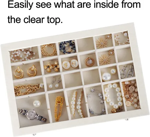 Miniatura 6 de Mebbay Organizador de bandeja de joyería de terciopelo de 35 rejillas con tapa transparente para cajón aretes collar pulsera anillo piedras