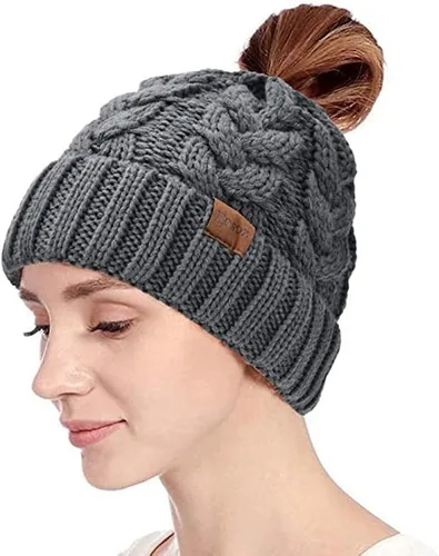 Miniatura 3 de Rosoz Gorro de cola de caballo para mujer, gorro cálido de invierno, suave, elástico, de punto trenzado, para moño alto