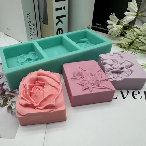 Miniatura 8 de Molde de jabón de flores de 3 cavidades, molde de silicona para hacer jabón natural, molde de cera para velas decoradas, moldes de resina para Molde